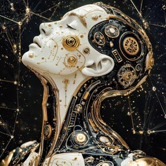 Futuristic Cybernetic Portrait with Golden Accents and Modern Design