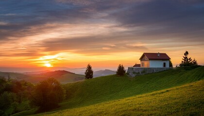 Fototapeta premium a picturesque landscape with a house on a hill bathed in the soft light of a colorful sunset