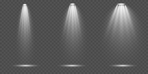 Vector spotlights with bright white light to illuminate the stage. Spotlight with bright white light. Vector spotlight for studio. Vector illustration