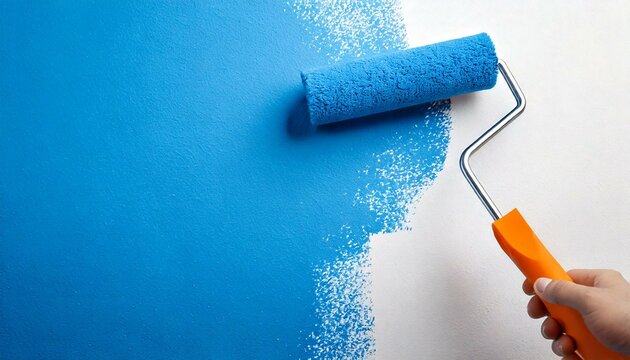 A blue paint roller painting a white wall with blue paint, editable colors