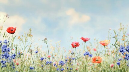 Floral background with wild flowers and copy space on white background.