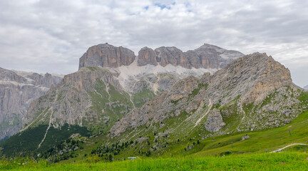 Sass Bece' and Sass Pordoi peaks from south, Canazei, Italy