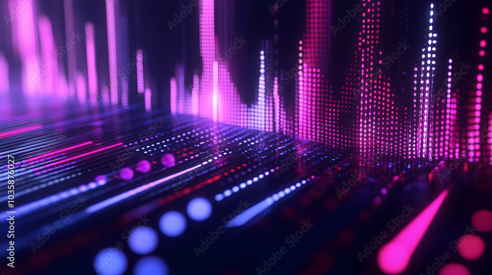 Poster abstract neon lights creating an equalizer effect with sound wave patterns -