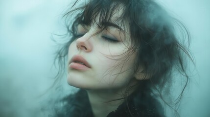 Fototapeta premium young woman enveloped in a hazy mist her expression reflecting deep emotions of depression and loneliness captured in a moody atmospheric setting that evokes feelings of introspection