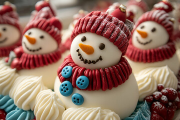 Cute snowman cupcakes adorned with colorful frosting and accessories, perfect for winter celebrations and holiday desserts.