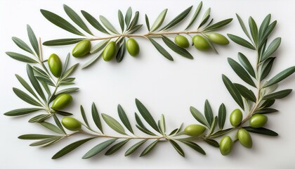 an overhead photo of a frame of olive tree branches with a place for text shot from above on a white background with copyspace