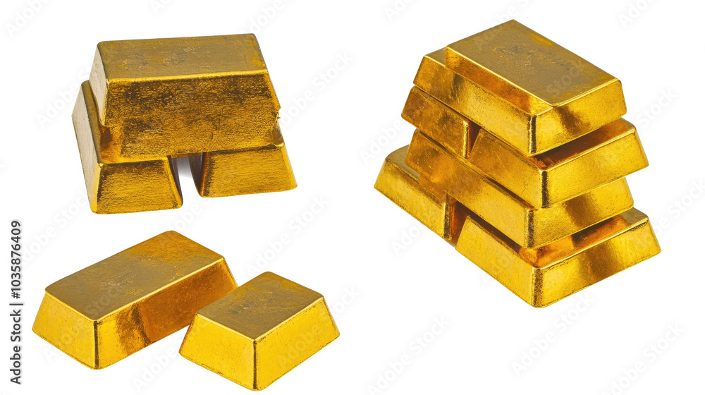 Poster stacks of gold bars isolated on a transparent background for displays generative ai