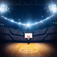 basketball court with intense lighting while hoop and scoreboard are ready for action on background with crowdy stages concept of sport games competition entertainment action and motion ai