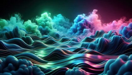 Obraz premium Vibrant Abstract Landscape with Colorful Waves and Clouds