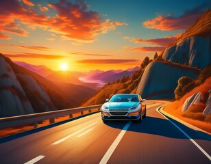 car on mountain road traveling around the world highways and sunset ai generated art