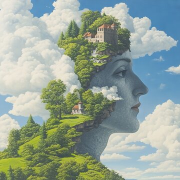 A surreal landscape featuring a woman's profile filled with nature and buildings.