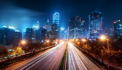 Fototapeta premium city at night with lit streets and glowing traffic lights