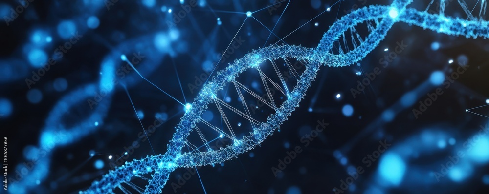 Aufkleber abstract background with a double helix and digital network, dna in a blue on a dark backdrop for sc