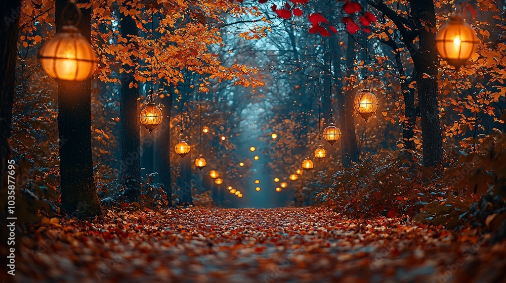 Poster enchanted autumn forest path with string lights and fall foliage