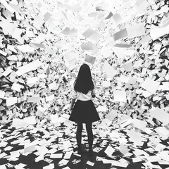 A person stands surrounded by floating white papers in a monochrome setting.