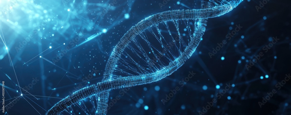 Poster abstract blue background with a double helix of dna and digital glowing lines generative ai