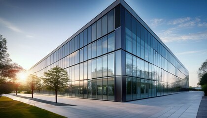 Obraz premium contemporary office structure exterior featuring mirrored glass windows that highlight a minimalist architectural style