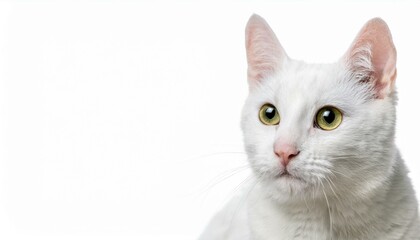 Obraz premium A white shorthair cat isolated on white background. Cat in the corner of the image. 