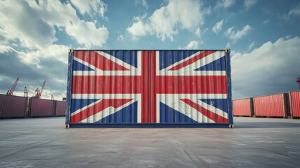 A shipping container painted with the flag of the United Kingdom stands in a port with other containers in the background.