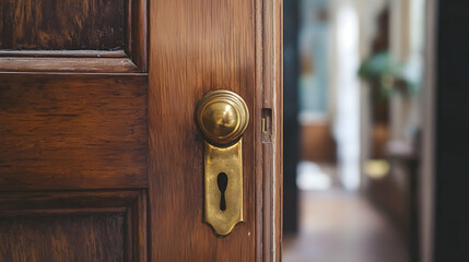 Obraz premium Close-up of a wooden door with a brass handle, slightly opened to reveal the room behind it -