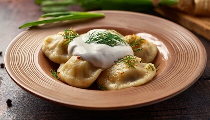 dumplings filled with potato or meat served with dill roasted onions and a sour cream sauce showcasing a traditional homemade dish from eastern european cuisine