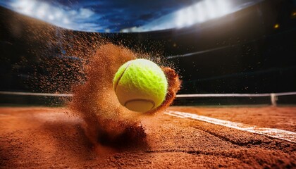 dynamic shot of a tennis ball hitting a clay court with dust particles