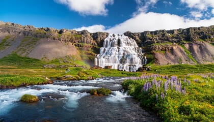 dynjandi is one the most famous waterfall of the west fjords of iceland at summer