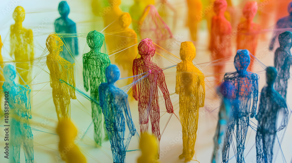 Poster colorful figures connected by strings, symbolizing networking and social interaction.
