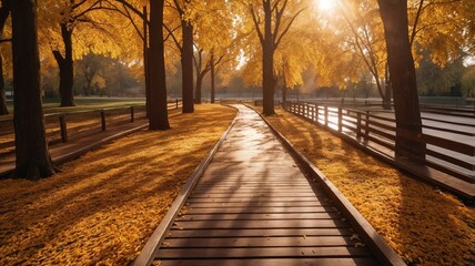 Naklejka premium Overhead Shot of Golden Leaves on Wooden Pathway with Sunlight in Park, Rich Fall Textures and Colors