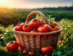 freshly harvested organic tomatoes in woven basket surrounded by lush green fields evoke sense of natural abundance and health