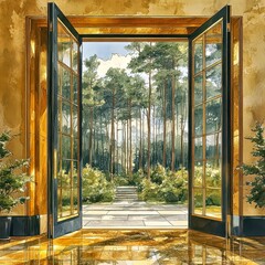 Serene Forest View Through Elegant Open Doors
