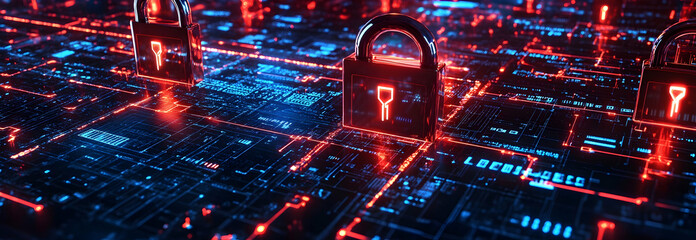 Cybersecurity grid featuring digital locks and encrypted data streams in a high-tech environment -