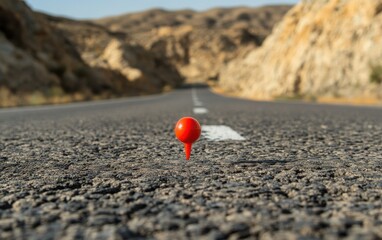 A red GPS pin positioned on an asphalt highway, serving as a background element, symbolizing navigation and travel routes