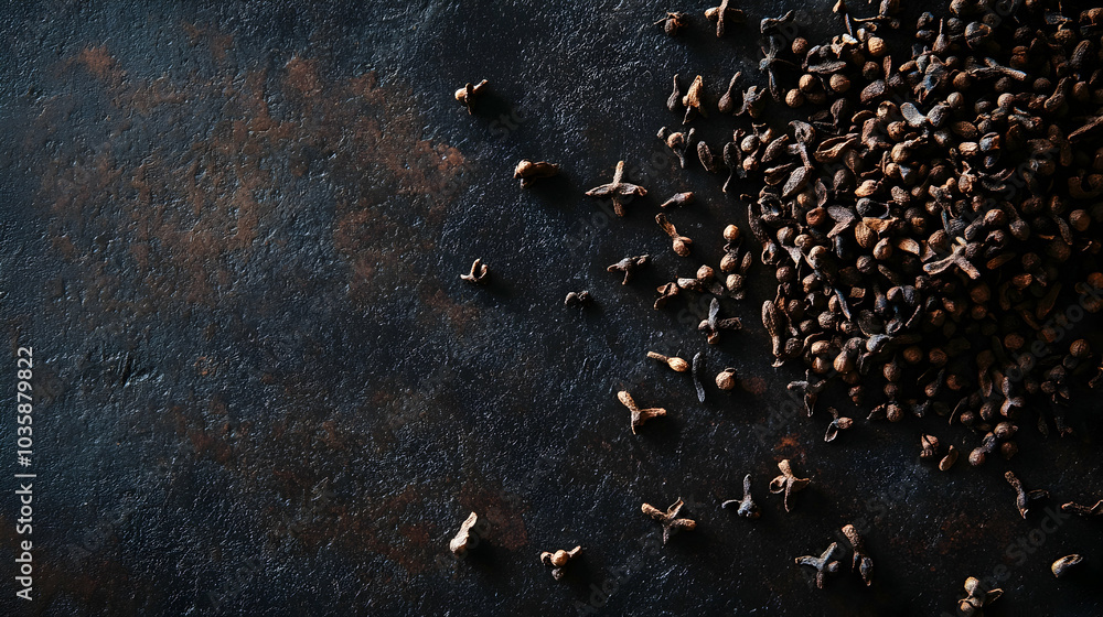 Poster dry cloves scattered on a rustic dark surface, adding warmth and spice -