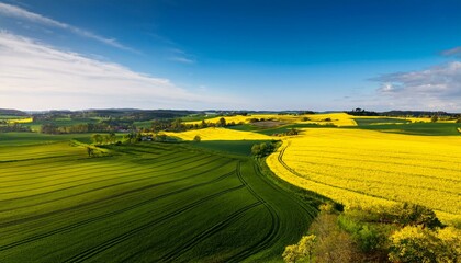 green and yellow farm fields with canola rapeseed in skane sweden during spring