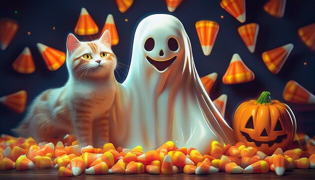 halloween safety tips featuring a ghost made of candy corn and a playful cat