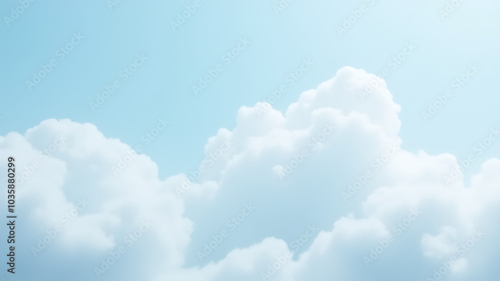 Poster clouds float gently in light blue tones against a serene sky background with soft animations.