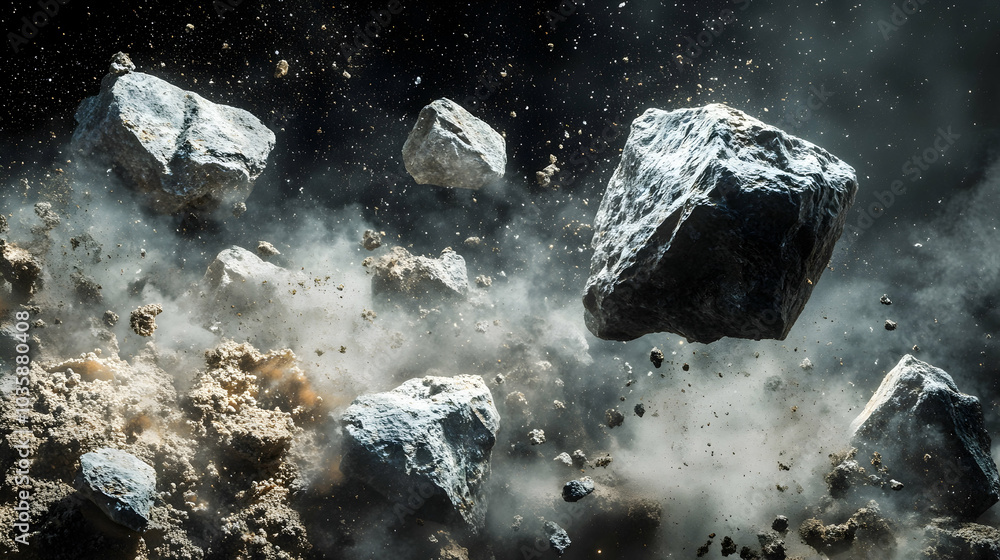 Poster falling rocks and debris, with dust particles in a dynamic composition -