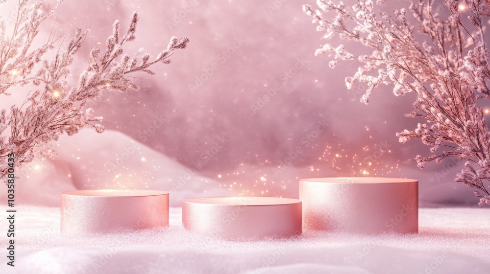 Poster three soft pink candles are arranged on a fluffy surface, framed by delicate frosted branches. the a