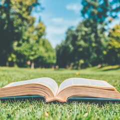 An open book resting on grass in a serene park setting.