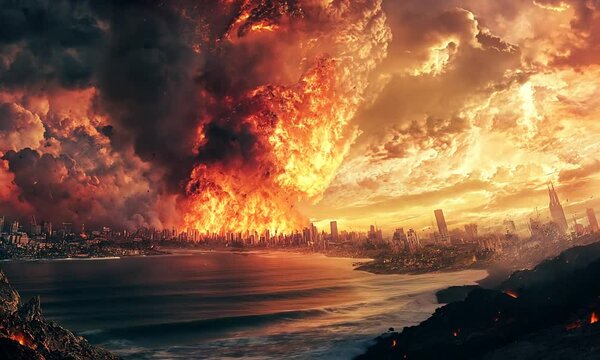 fire in the fireplace big explosion of the city with a burning fire.