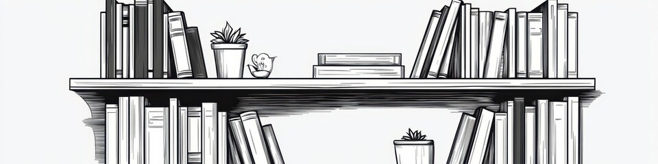 Obraz premium Stylish Bookshelf with Decorative Plants in Modern Line Art