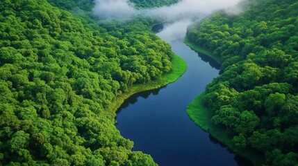 Majestic Aerial View of Lush Green Forest and Serene River Bend in Tranquil Landscape