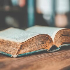 Obraz premium An open, aged book resting on a wooden surface, suggesting knowledge and history.