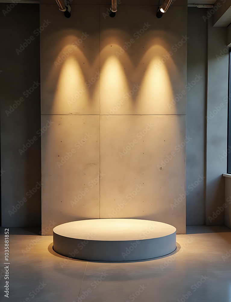 Poster concrete block podium shines with warm light in an industrial setting.