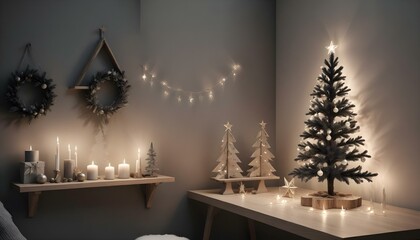 Minimalistic night mini christmas tree with candles and decorations. AI generated