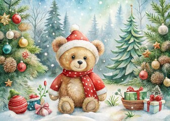 Woodland Watercolor Teddy Bear Christmas Clipart for Festive Designs