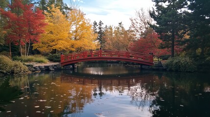 A Japanese garden bridge in northwest Oregon, with trees displaying their best fall hues. 