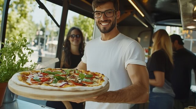 Smiling Young Man Presenting Freshly Baked Pizza at Outdoor Food Truck Event