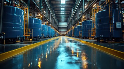 Fototapeta premium A long hallway in a factory with rows of large blue tanks on either side, lit by overhead lights. The floor is wet and shiny and has yellow lines down the center.